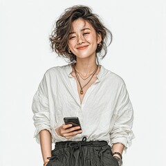 Smiling asian woman holding smartphone isolated studio lifestyle portrait bright background positive vibes
