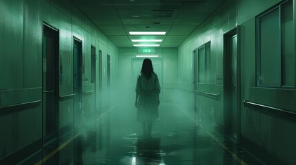 Woman Walking Alone in Spooky Hospital Hallway with Eerie Green Glow