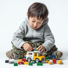 Asian child engaged in creative play with building blocks indoors playroom environment captured perspective