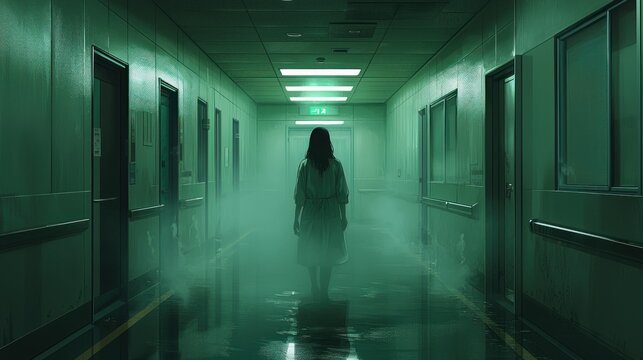 Woman Walking Alone in Spooky Hospital Hallway with Eerie Green Glow