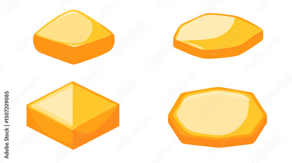 Poster isometric pixel art style yellow blocks in various shapes on white background for game assets and gr
