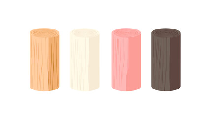 Isometric View of Four Wooden Cylinders in Brown White Pink and Gray Colors on a White Background
