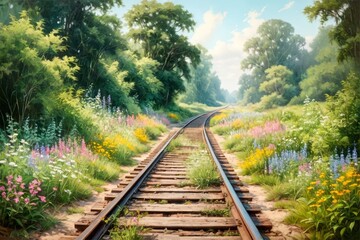 Obraz premium Along old railway tracks, summer flowers and grasses bloom freely in the late afternoon sun