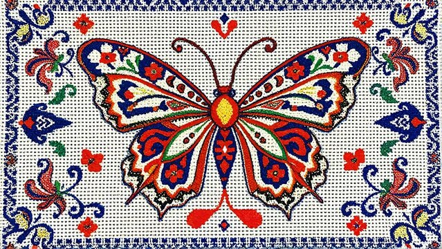 Colorful butterfly needlepoint design on white aida cloth
