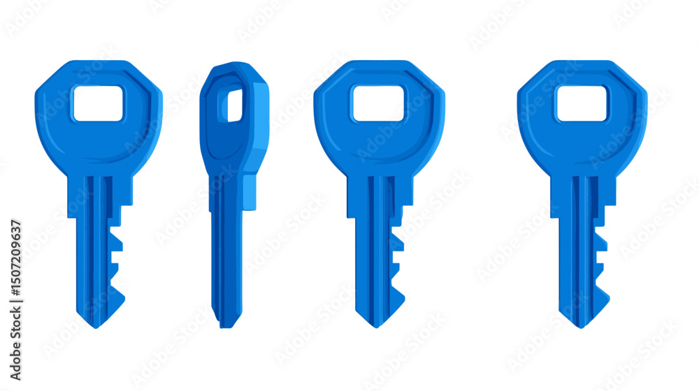 Poster octagonal blue keys with square hole design displayed in four different angles on white background