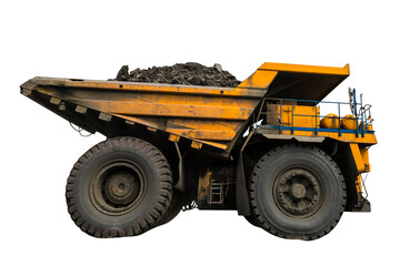 Large quarry dump truck. Loading the rock in dumper. Loading coal into body truck. Production useful minerals. Mining truck mining machinery, to transport coal from open-pit as the coal production.