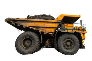Large quarry dump truck. Loading the rock in dumper. Loading coal into body truck. Production useful minerals. Mining truck mining machinery, to transport coal from open-pit as the coal production.