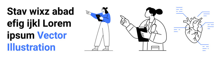 Doctor with clipboard and another professional pointing at data, heart technical diagram. Ideal for healthcare, medical research, teamwork, diagnostics, education, technology, simple landing page