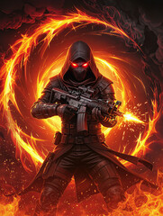 Fototapeta premium A digital painting of a hooded soldier firing a rifle amidst swirling flames, perfect for game assets, fantasy art, or military themes.