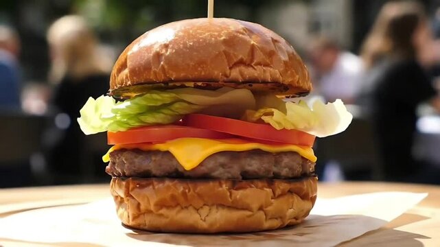Gourmet Burger with Fresh Ingredients on Outdoor Patio
