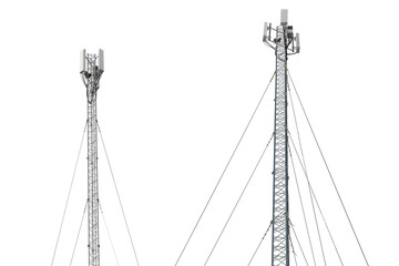 New telecommunication antenna on background of blue sky. Satellite dish telecom network at communication technology network. Telecom broadcasting tower. Modern cell tower 5G, 6G