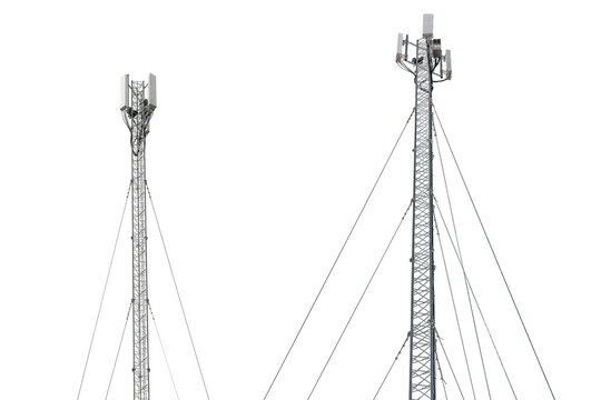 New telecommunication antenna on background of blue sky. Satellite dish telecom network at communication technology network. Telecom broadcasting tower. Modern cell tower 5G, 6G