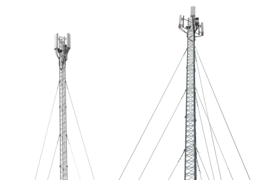 New telecommunication antenna on background of blue sky. Satellite dish telecom network at communication technology network. Telecom broadcasting tower. Modern cell tower 5G, 6G