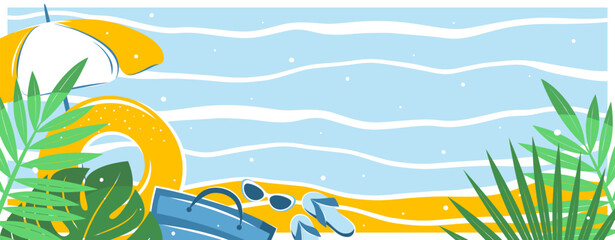 Tropical summer banner with space to add text. Beach accessories, sunglasses, beach bag, umbrella. Tourism concept, travel and adventure, vacation. Vector illustration for poster, cover, sales
