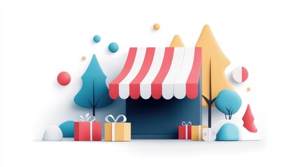 Fototapeta premium A small festive shop with a striped awning, surrounded by colorful trees and wrapped gift boxes in a playful, minimal style.
