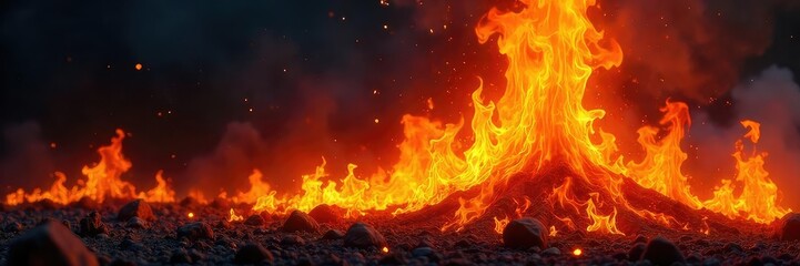 Intense flames engulf a dark background, creating a dramatic and fiery spectacle Perfect for projects needing a powerful, hot, and mysterious visual , flames, glow