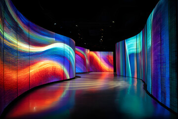 Immersive digital art installation creating colorful corridor of light