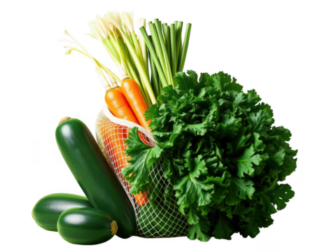 Fresh vegetables in reusable net bag isolated on transparent background