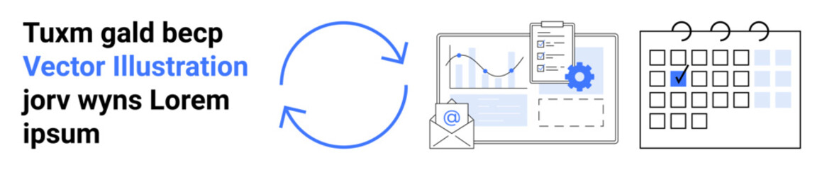 Circular workflow connecting email, analytics chart, gear for settings, and calendar. Ideal for productivity, automation, workflow, planning, analysis communication simple landing page