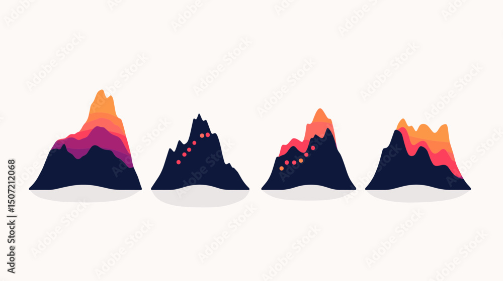 Poster pixelated mountain range data visualization with retro colors and geometric peaks on white backgroun