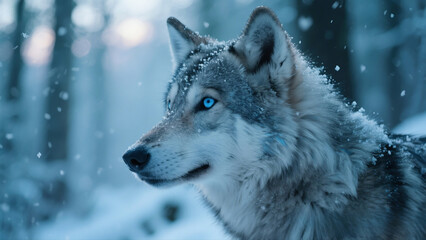 Obraz premium Majestic Wolf in Snowy Forest Wild Beauty and Winter Wilderness Scene