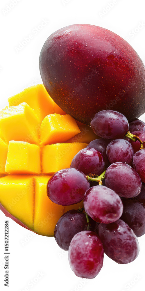 Poster fresh mango chunks with red grapes and whole mango on transparent background