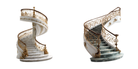 Elegant Curved Staircase with Ornamental Railing in Marble Design