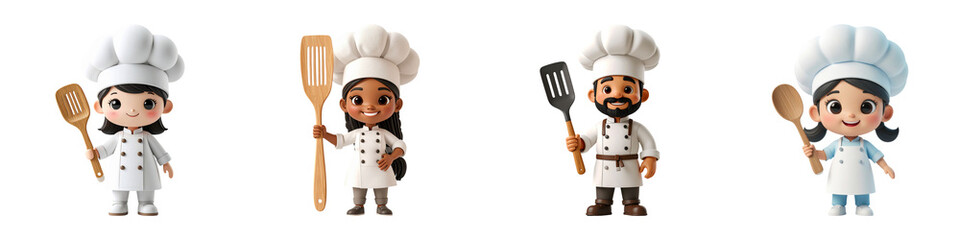 Cute Tiny Chef Characters with Big Hats and Spatulas in Pastel Colors