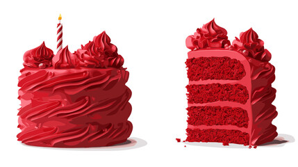 Red Velvet Cake with Candle and Slice on White Background in Pixel Art Style for Party Celebration