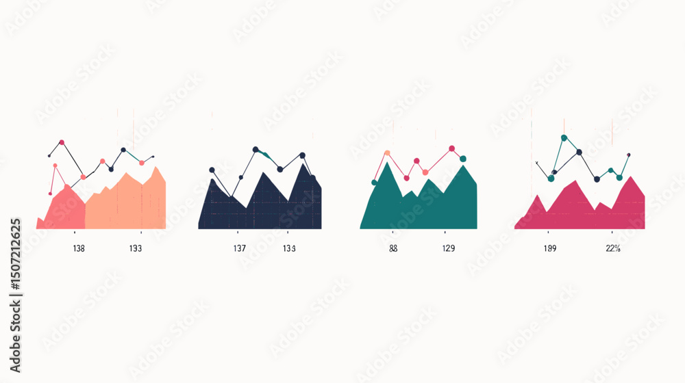 Poster row of four colorful statistical mountain charts on white background depicting data trends analysis