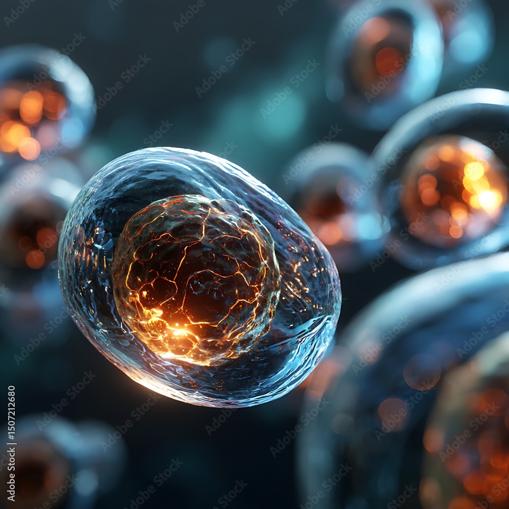 Poster studying cell structures with glowing inner detail under microscope