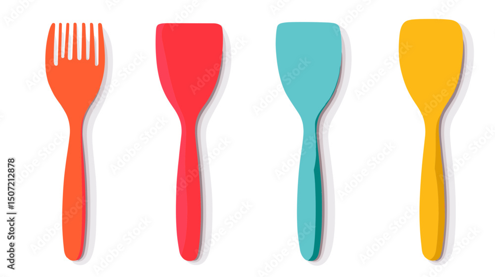 Poster set of four colorful cooking spatulas and serving fork utensils for culinary tasks on white backgrou