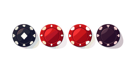 Set of Four Pixelated Poker Chips in Red and Black Colors Arranged on A White Surface Representing Gambling Risk and Fun