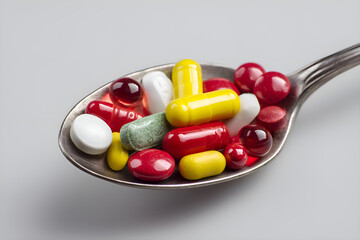 Colorful pills and capsules overflowing a spoon, representing medicine and healthcare