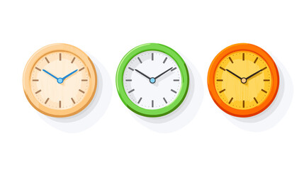 Set of Three Round Wall Clocks with Different Colored Frames on White Background