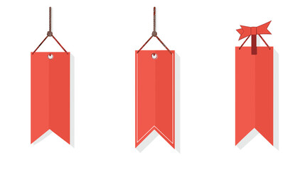 Set of Three Red Blank Banners or Price Tags with Hanging Cord and Ribbon Bow on White Background