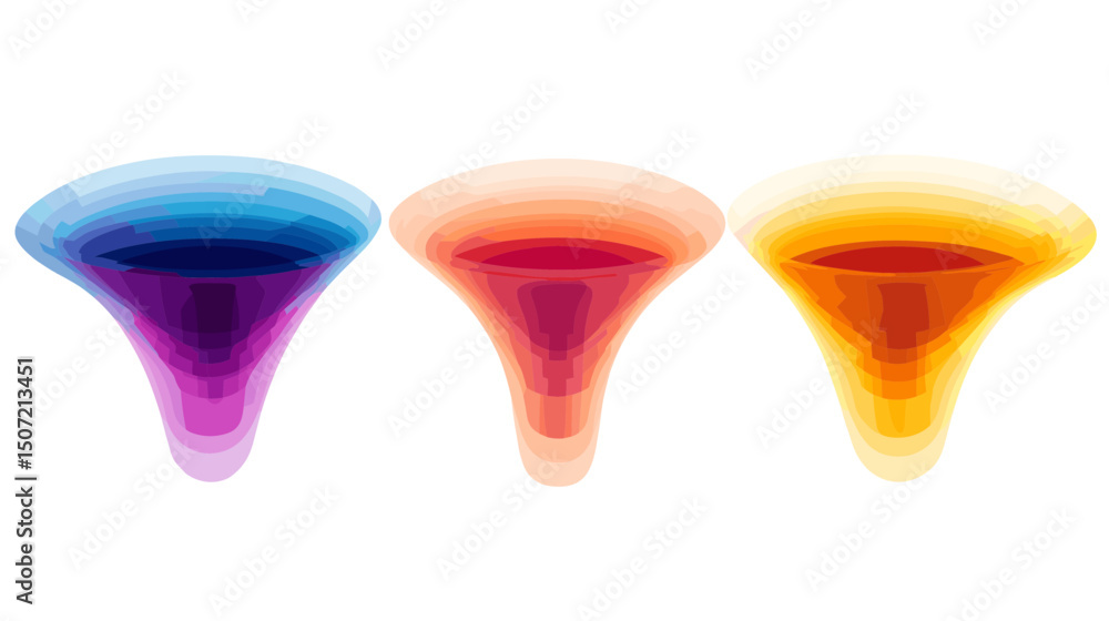 Poster three abstract funnel shapes with gradient color schemes in blue orange and yellow on a white backgr