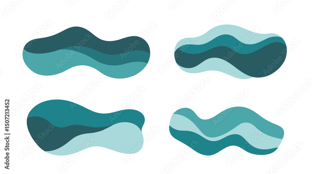Poster teal and blue abstract shapes in a wavy layered pattern on white background decorative and modern de