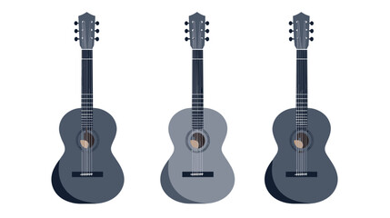Fototapeta premium Three Acoustic Guitars in Varying Blue Tones Standing Vertically Against a Clean White Background With Detailed Strings and Sound Holes