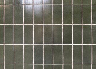 This close-up shot showcases a grid of dark green, vertically-oriented rectangular tiles with light gray grout lines, creating a clean and somewhat industrial or modern aesthetic.