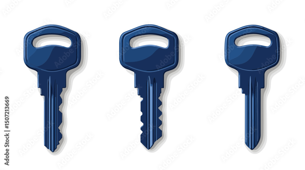 Poster three blue metallic keys with different cuts and design elements on white background