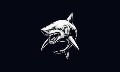 Angry great white shark vector, black and white shark illustration