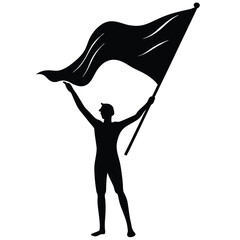 Silhouette illustration of a person holding a large flag symbolizing victory or achievement.
