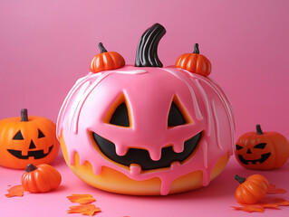A playful pink jack-o'-lantern-shaped cake with festive orange pumpkin decorations on a vibrant pink background.