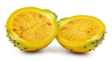 Two halves of a yellow prickly pear cactus fruit isolated on white background