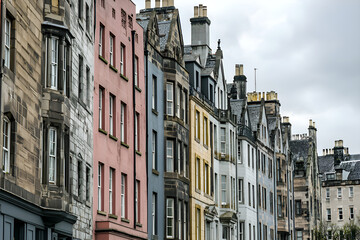 Colorful historical buildings stretching along a street in edinburgh, scotland