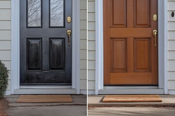 Exterior door sweep replacement in focus with two doors, black with glass panel, brown smooth. Concept of exterior door sweep replacement showcasing renovation possibilities.