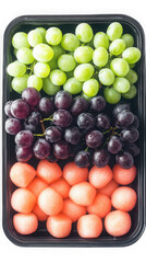 Black Plastic Container with Green Grapes, Red Grapes, and Cantaloupe Melon Balls