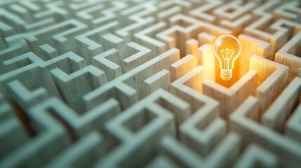 Glowing Light Bulb in Maze Symbolizing Intelligence and Problem Solving