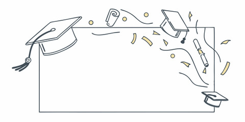 Graduation celebration frame with mortarboards confetti and diploma for invitation design